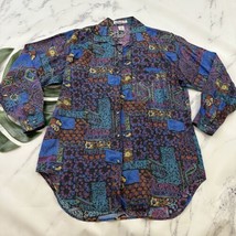 Punch Womens Vintage 90s Silk Oversize Shirt Size M Purple Blue Abstract... - £22.10 GBP