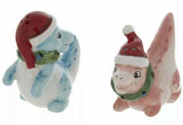 Baby Dinosaurs in Santa Hats Christmas Holiday Ceramic Salt &amp; Pepper Sha... - £11.18 GBP