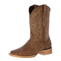Mens Brown Cowboy Boots Real Leather Pattern Ostrich Quill Western Square Toe - £85.12 GBP