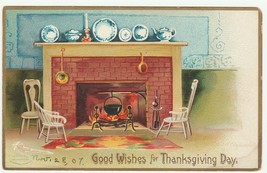 Vintage Postcard Thanksgiving Fireplace Cozy Scene 1907 Embossed - £7.00 GBP