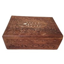 Vintage Hand Carved Floral Inlay Teak Wood Treasure Jewelry Box Trinket - £10.82 GBP