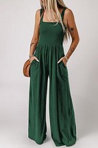 Green Smocked Sleeveless Wide Leg Jumpsuit with Pockets - $33.47