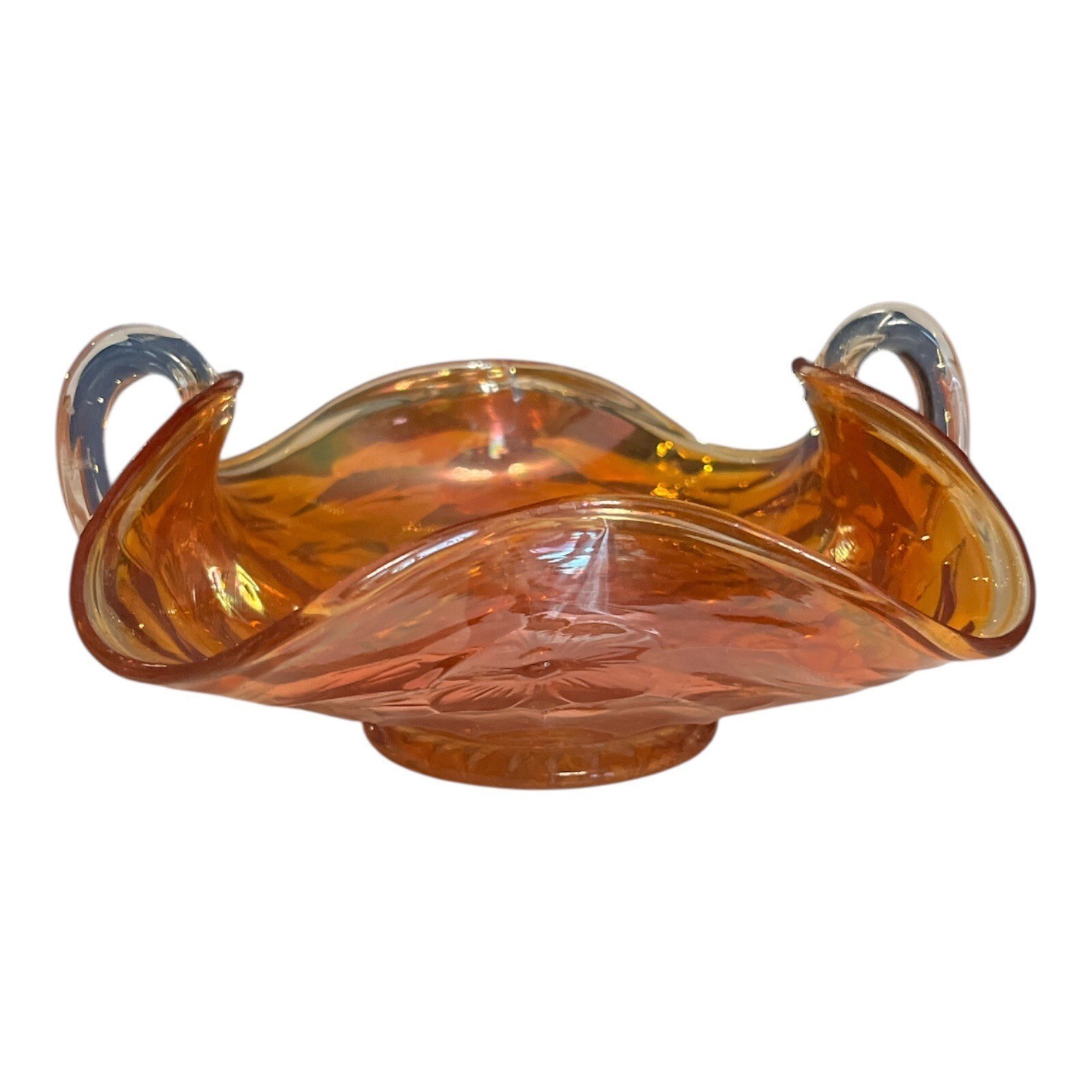 Vintage Iridescent Carnival Glass Style Dish with Clear Handles | Amber ... - $19.00