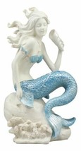 Nautical Ocean Goddess Pretty Mermaid With Blue Tail Holding Conch Statue 8&quot;Tall - £19.90 GBP