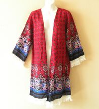 CF5 Red Hippy Batik Fringes Open Front Cardigan Kimono Duster Jacket - S... - $24.90