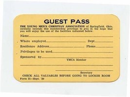 Springfield Ohio YMCA Young Men&#39;s Christian Association 1939 Guest Pass - $17.82