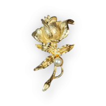 Vintage Rose Bud Flower Faux Pearl Satin Gold-tone Brooch Pin Costume Je... - £13.99 GBP
