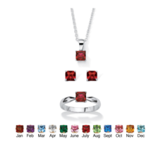 Princess Cut Simulated Birthstone Necklace Earrings Ring Set In Sterling Silver - £159.86 GBP