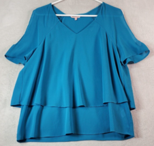 Juicy Couture Blouse Top Women Medium Teal Polyester Cold Shoulder Sleeve V Neck - £18.58 GBP