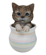 Lifelike Feline Kitty Brown Tabby Cat Blue Eyes In Pastel Artsy Pot Figu... - $38.26 CAD