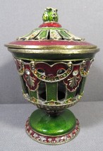 Metal Potpouri Insence Jar Ornate Green &amp; Red Enamel Bejeweled 4.5&quot; x 3&quot; Heavy - £12.71 GBP