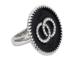 Round Clear Rhinestone Black Epoxy Infinity Charm Silver Stretch Fashion Ring - £23.13 GBP
