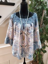 New Directions Multicolor Paisley Ruched Boho Long Sleeve Top Blouse Siz... - $25.74