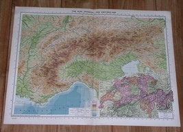 1940 Original Vintage Wwii Physical Map Of Alps / Switzerland Italy - £14.34 GBP