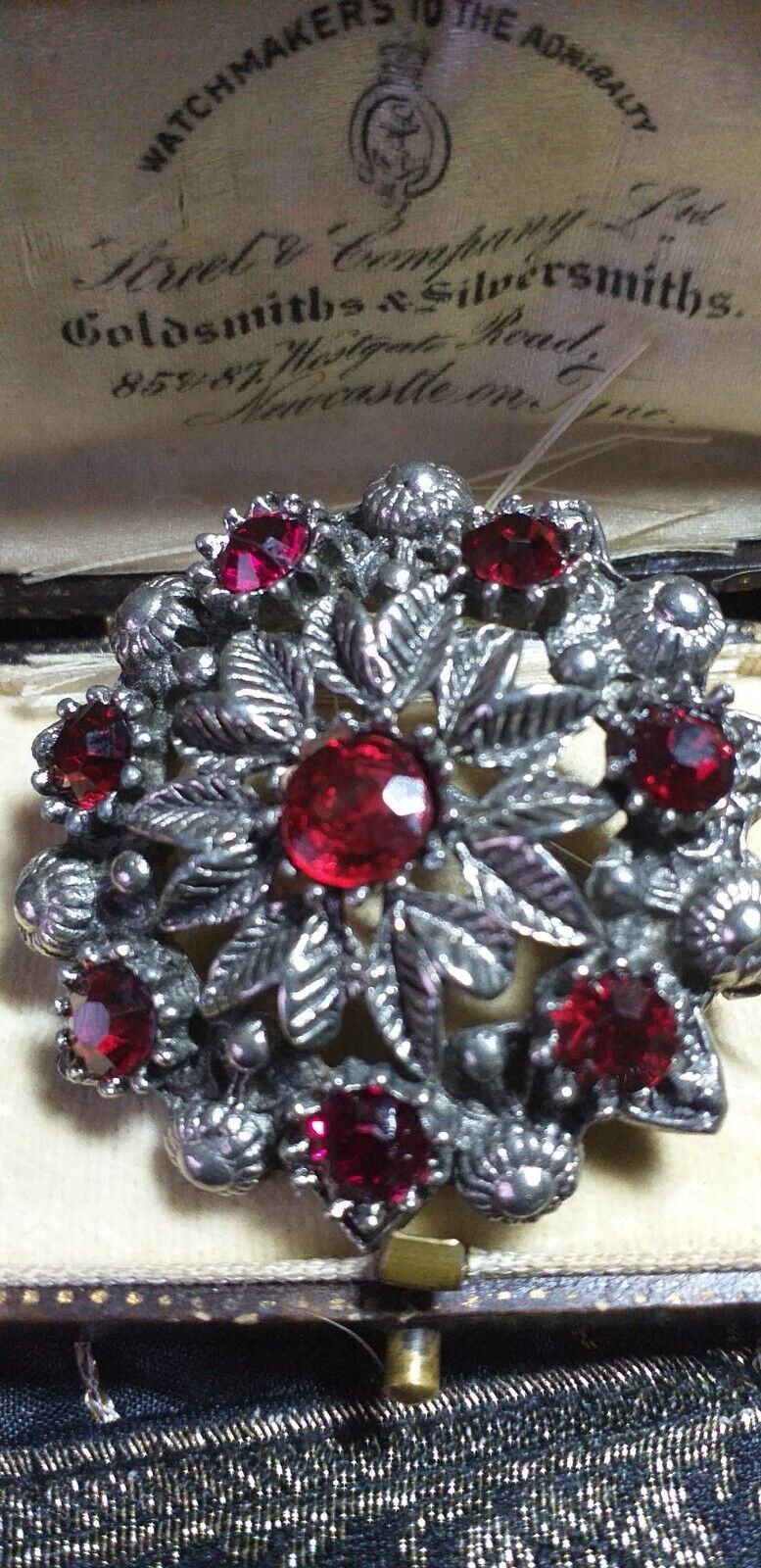 VINTAGE 1970-s Large Pewter Silvertone &amp; Red Rhinestone Floral Cluster B... - $38.61
