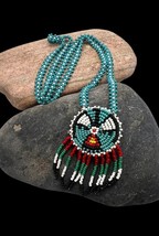 Vintage Navajo Handmade Glass Seed Bead Thunderbird Pow Wow Beaded Necklace - £27.10 GBP