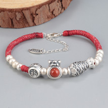 Hand Woven Adjustable Bracelet With S999 Good Fortune Fish Beads,New Year&#39;s Gift - £35.85 GBP