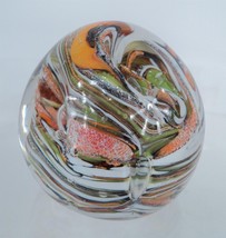 Vintage Round Glass Paperweight - 2.25&quot; - White, Orange &amp; Green Swirls - $77.29