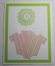 Stampin Up! Handmade card Welcome Baby Bodysuit Green Pink White w/ envelope - £4.85 GBP