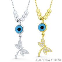 Evil Eye Bead &amp; CZ Crystal Dragonfly Charm Pendant .925 Sterling Silver Necklace - £22.12 GBP