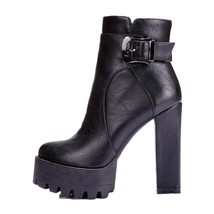 Winter Women Boots Buckle Round Toe High  Square Heel Ankle  for  Platform   Big - £60.48 GBP