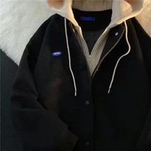 Fake two pieces Zipper Women Jacket  Autumn Winter Hip-hop  Hooded Oversized Lon - £90.63 GBP