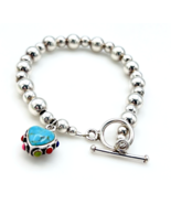 Sterling Silver Ball Bead Reversible Turquoise Filigree Heart Charm Brac... - $100.51 CAD