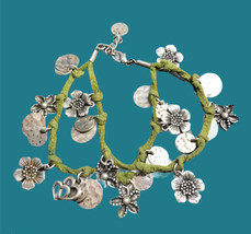 beautiful Silver Tone  flower charms green swead double bracelet 7.5-8.5” - £9.59 GBP