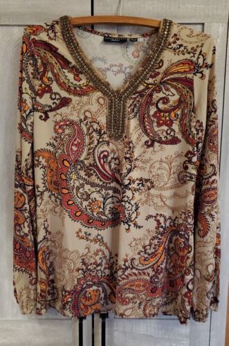 Primary image for Susan Graver Women Top XS Brown Paisley Floral Blouse Beaded V-Neck LongSleeve 