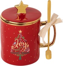 18 Oz Red Joy w/Star on Lid Gold Handle Mug w/Spoon Set of 2 - £46.62 GBP