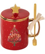18 Oz Red Joy w/Star on Lid Gold Handle Mug w/Spoon Set of 2 - £47.03 GBP