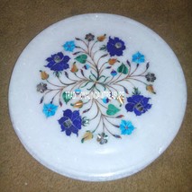 9&quot; White Marble Round Dish Plate Rare Lapis Inlay Floral Mosaic Decor Best Gifts - £124.72 GBP
