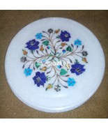 9&quot; White Marble Round Dish Plate Rare Lapis Inlay Floral Mosaic Decor Be... - £122.69 GBP