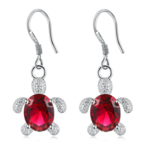 Red Crystal Turtle Drop Dangle Earrings Sterling Silver - £8.86 GBP