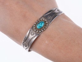 6 3/8&quot; 30&#39;s Navajo Hand stamped silver and turquoise Fred Harvey era bracelet - $306.90