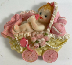 Vintage Ceramic Baby Girl Pink Floral Carriage Refrigerator Magnet - £11.86 GBP