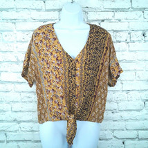 Hippie Rose Blouse Womens Small Yellow Floral Short Sleeve Button Tie Front Boho - £15.97 GBP