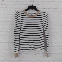 Marled Sweater Womens XS White Black Striped Crew Neck Gold Trim Pullover Preppy - £19.96 GBP