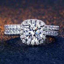14K White Gold finish Halo 1.5CT Round Cut Diamond Engagement Wedding Ring Set - £115.03 GBP