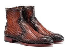 Paul Parkman Mens Shoes Boots Brown Leather Side-Zipper Handmade BT269BRW - $714.99