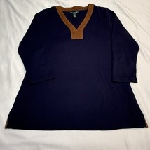 Lauren Ralph Lauren Navy Blue 3/4 Sleeve V-Neck Faux Suede Top SZ Large - $29.99