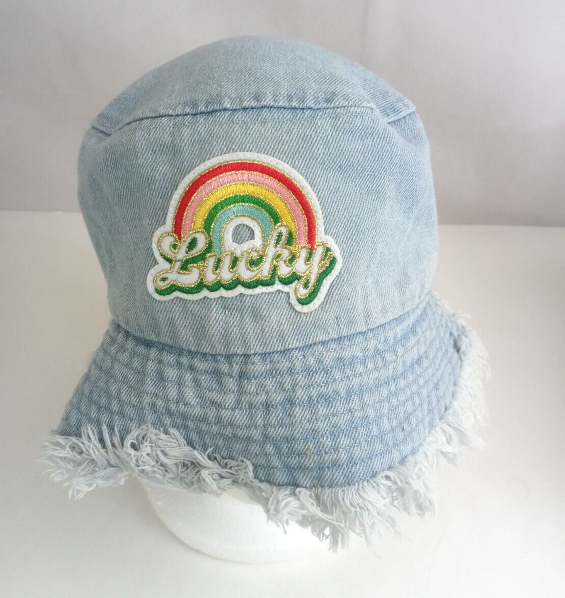 Primary image for Claire’s Women’s Lucky Rainbow Patch Retro Denim 100% Cotton Fringe Bucket Hat