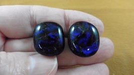 (DE18-88) round Blue Purple shimmer black Dichroic glass post pierced earrings - £14.65 GBP