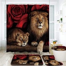 4PCS Red Rose and Lion Shower Curtain Set with Non-Slip Rugs - £31.97 GBP