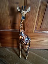 Large Tan &amp; Brown Painted Carved Wood Tall Giraffe Figurine Statue - 18 inches - $21.55