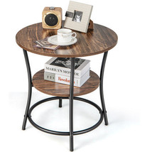 2-Tier Round End Table with Open Storage Shelf and Sturdy Metal Frame-Brown - Co - £54.44 GBP