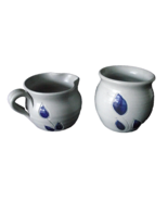 Pottery Pitcher Williamsburg VA Blue Creamer Sugar Bowl Vase Leaves Cont... - $25.69