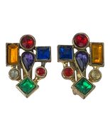 Vintage 1980s Geometric Rhinestone Clip-On Earrings Multicolor Statement Gold To - $25.20
