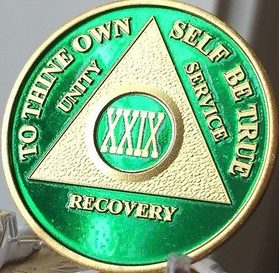 29 Year AA Medallion Green Gold Plated Alcoholics Anonymous Sobriety Chip Coin  - $20.39
