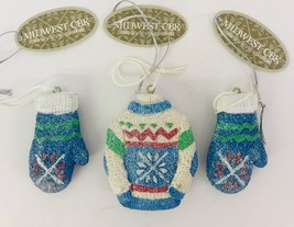 Christmas Ornaments Set Of 3 Holiday Sweater And Mitts Blue Red White Glitter - $15.83